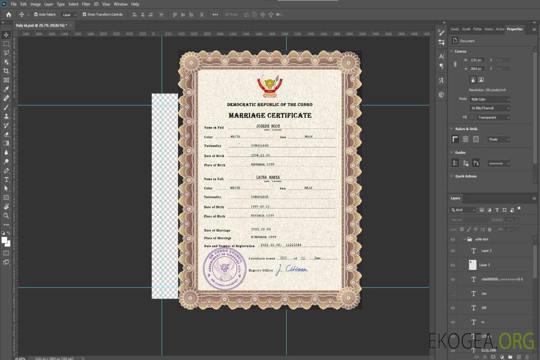 Modèle PSD de certificat de mariage en République démocratique du Congo template